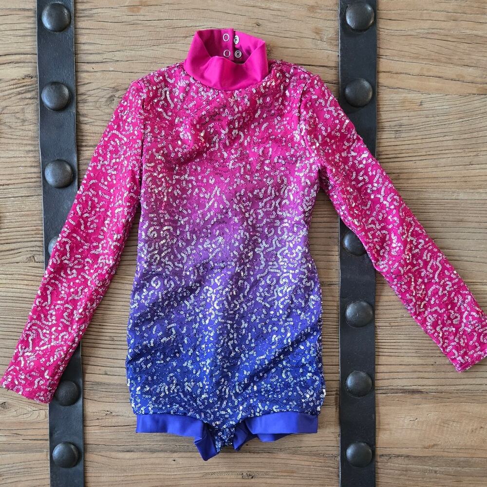 Weissman "Chained To The Rhythm" printed ombré sequin dance biketard sz SC